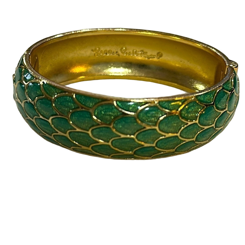 Lilly Pulitzer Green Snakeskin Enamel Bangle Bracelet Hinge Closure - EUC